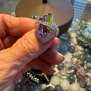 Colorful, Baguette Statement Ring With Rhinestone Band Size 5
